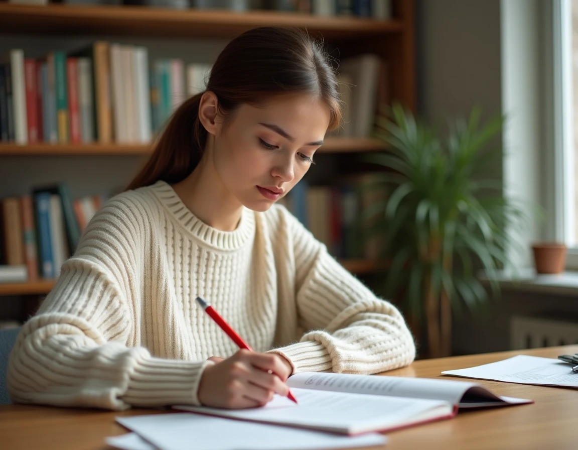 Jeune femme révisant un texte imprimé avec un stylo rouge à son bureau en bois, exercice de ponctuation