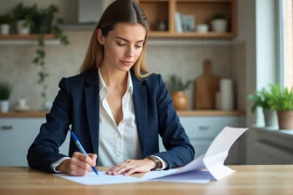 Jeune femme signant un document dans une cuisine organisée