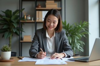 Femme en bureau examinant des documents pour le CPF