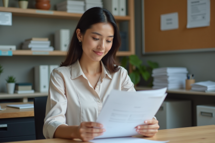 Femme en bureau vérifiant des papiers d emploi