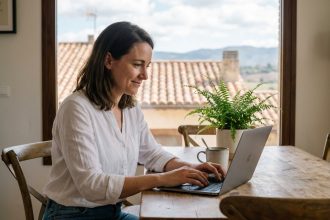 Femme au travail à la maison avec vue sur Issoire