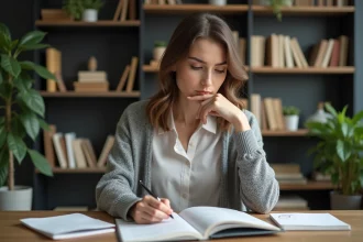 Jeune femme lisant un livre de grammaire allemande dans un bureau