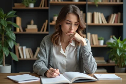 Jeune femme lisant un livre de grammaire allemande dans un bureau