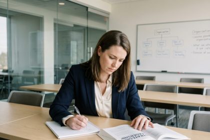 Femme concentrée en étude de gestion dans une salle moderne