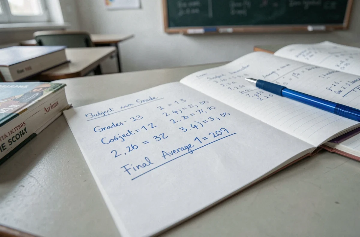 Feuille de calcul manuscrite avec les notes et coefficients du contrôle continu pour estimer la moyenne au brevet des collèges