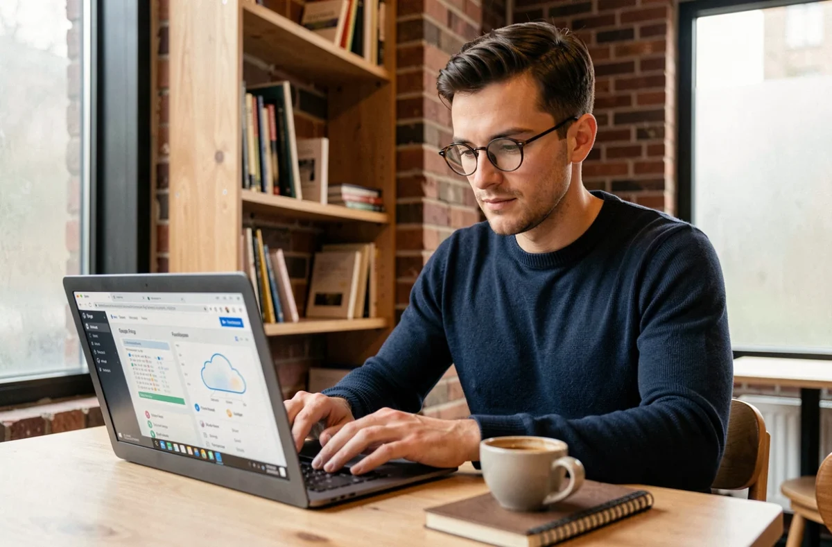 Jeune professionnel connectant Figma et MJM Cloud depuis un café urbain avec un ordinateur portable