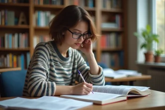 Jeune femme avec livres de grammaire française