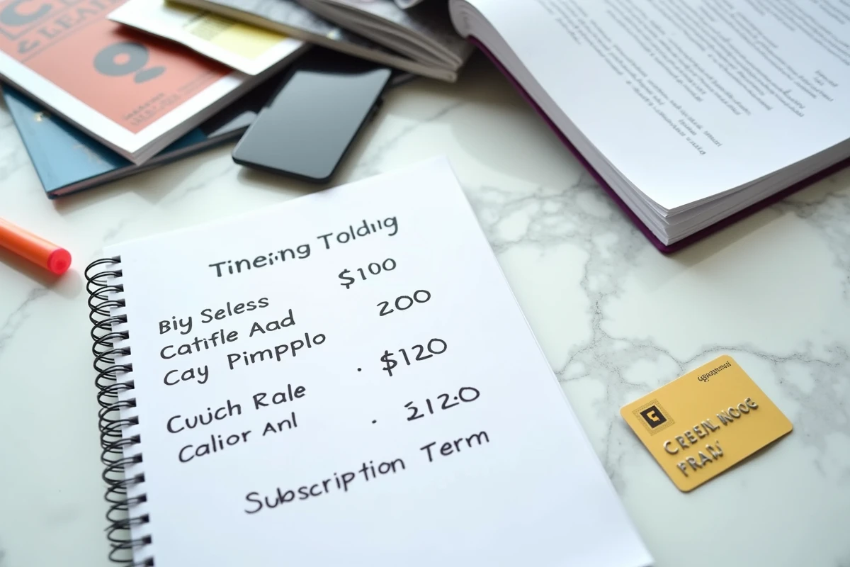 Vue aérienne de magazines professionnels, d'un carnet de calculs et d'un document d'abonnement sur un bureau en marbre blanc
