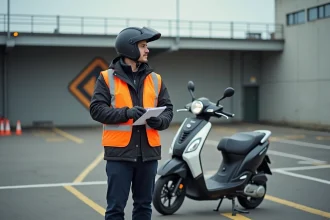 Élève en formation 125 cm3 permis B portant un gilet haute visibilité orange et un casque, tenant un livret de formation dans un centre d'examen de conduite