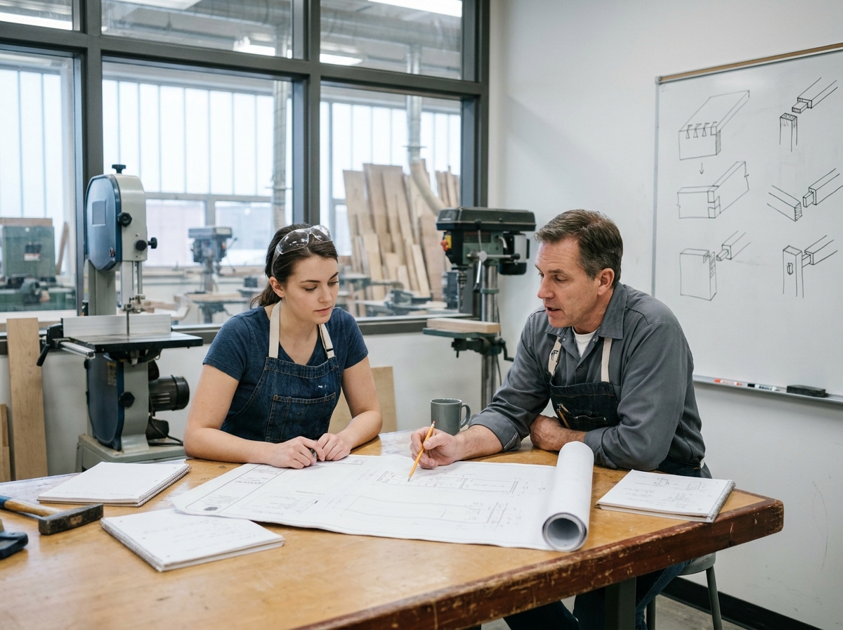 Étudiante en formation bois consultant des plans techniques avec son formateur dans un centre de formation professionnelle