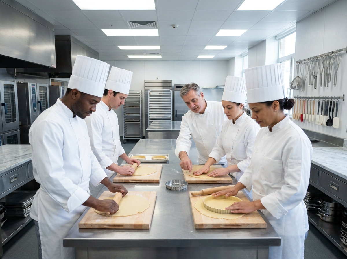 Groupe d'étudiants en formation encadrée de CAP pâtisserie dans une école professionnelle avec un formateur expérimenté