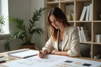 Femme étudiant une formation en décoration d'intérieur à son bureau avec des échantillons de matières et des plans architecturaux