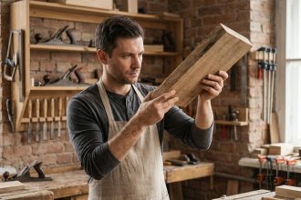 Artisan du bois en formation examinant une planche de chêne dans un atelier de menuiserie professionnel