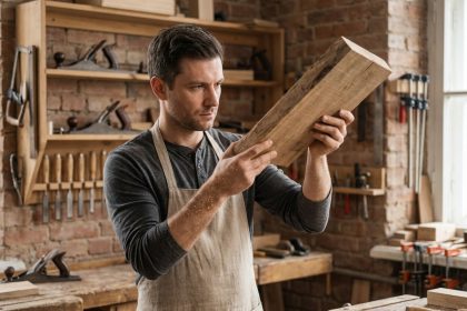 Artisan du bois en formation examinant une planche de chêne dans un atelier de menuiserie professionnel