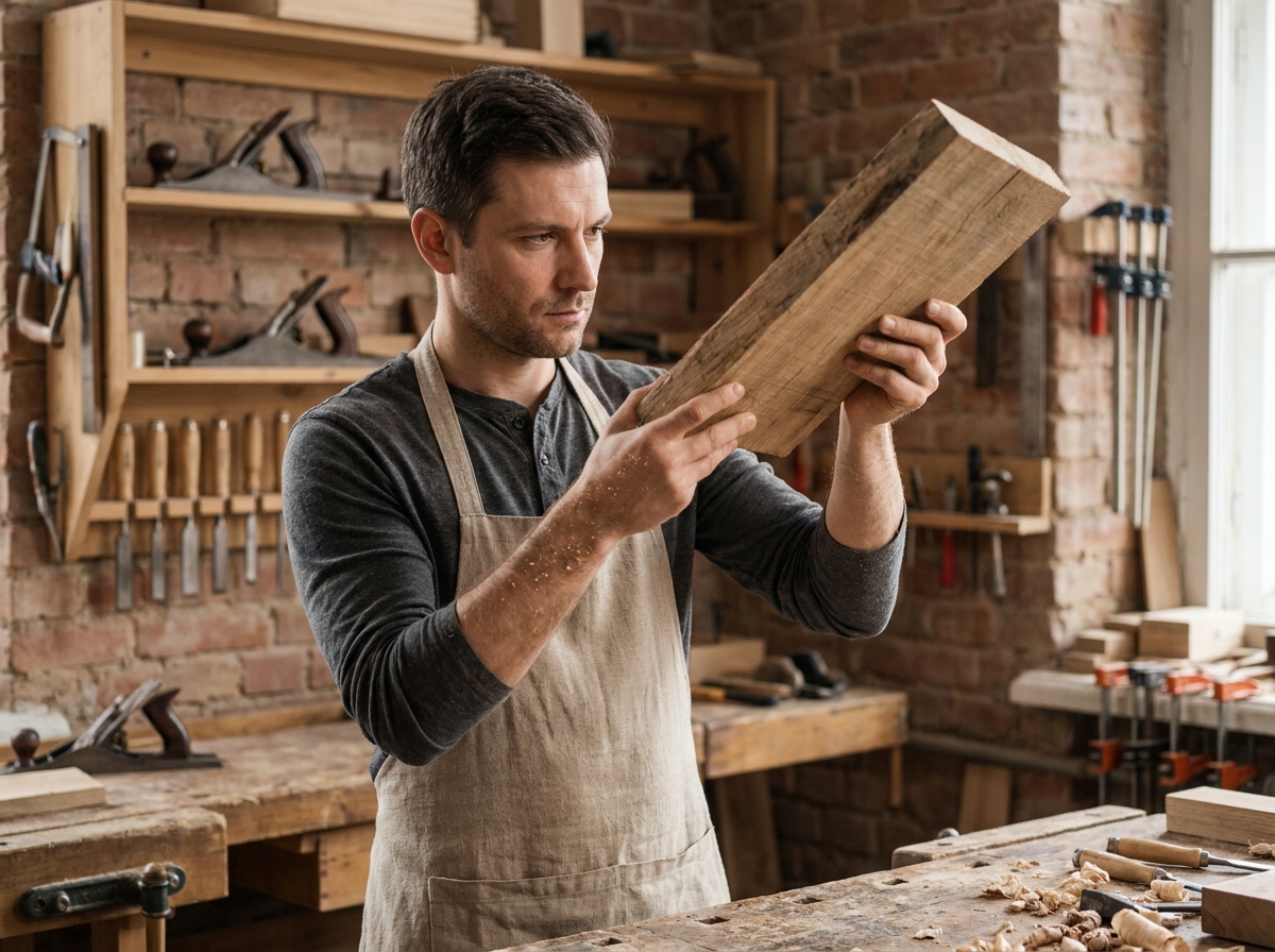 Artisan du bois en formation examinant une planche de chêne dans un atelier de menuiserie professionnel