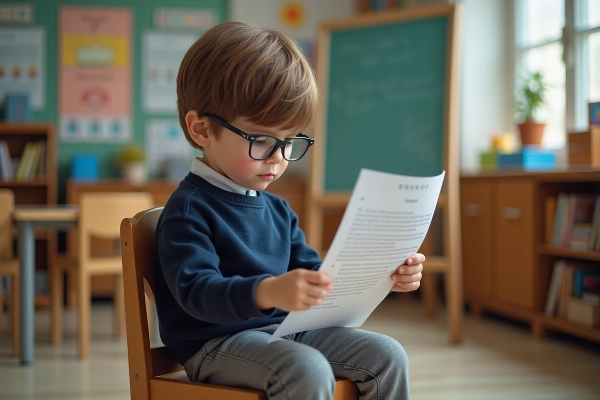 Garçon de sept ans lisant un texte en classe