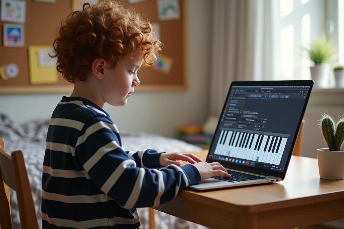 Garçon concentré utilisant un piano virtuel gratuit en ligne sur ordinateur portable dans sa chambre