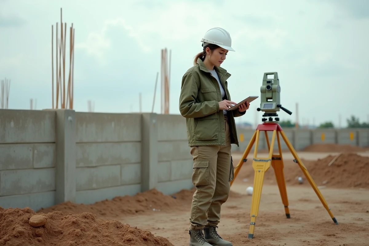 Géomètre experte indépendante sur un chantier de terrain avec station totale, illustrant le travail de mesure sur le terrain