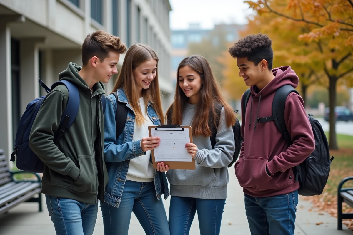 Groupe d'adolescents en milieu scolaire consultant un planning de stage dans le cadre de leur insertion professionnelle