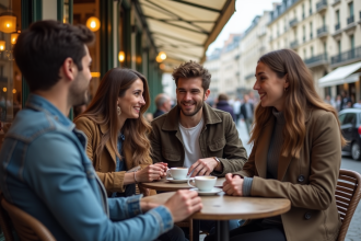 Groupe de jeunes adultes discutant dans un café parisien