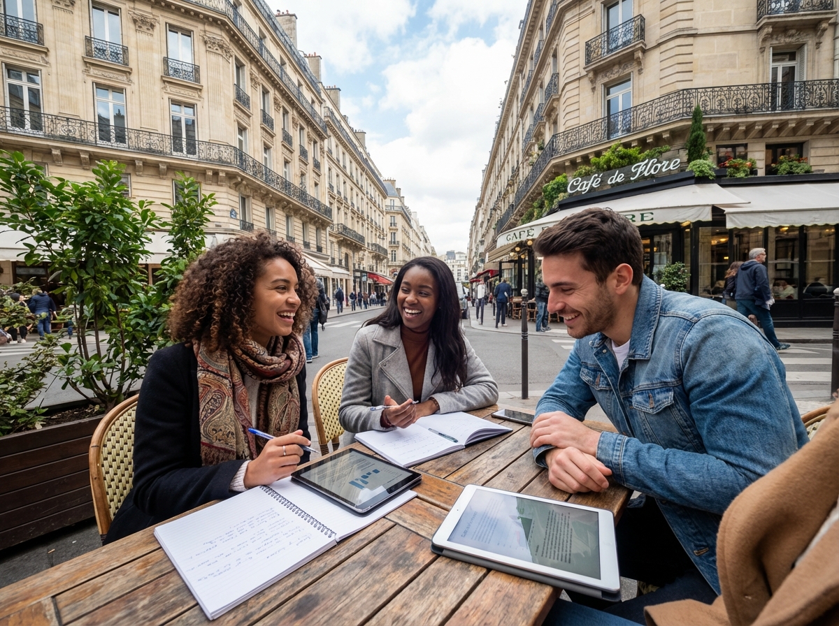 Groupe de jeunes discutant dans un café parisien en terrasse