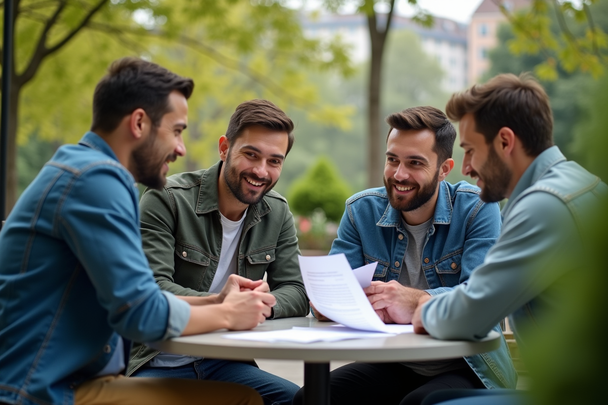 Groupe diversifié discute autour d une table de café en ville