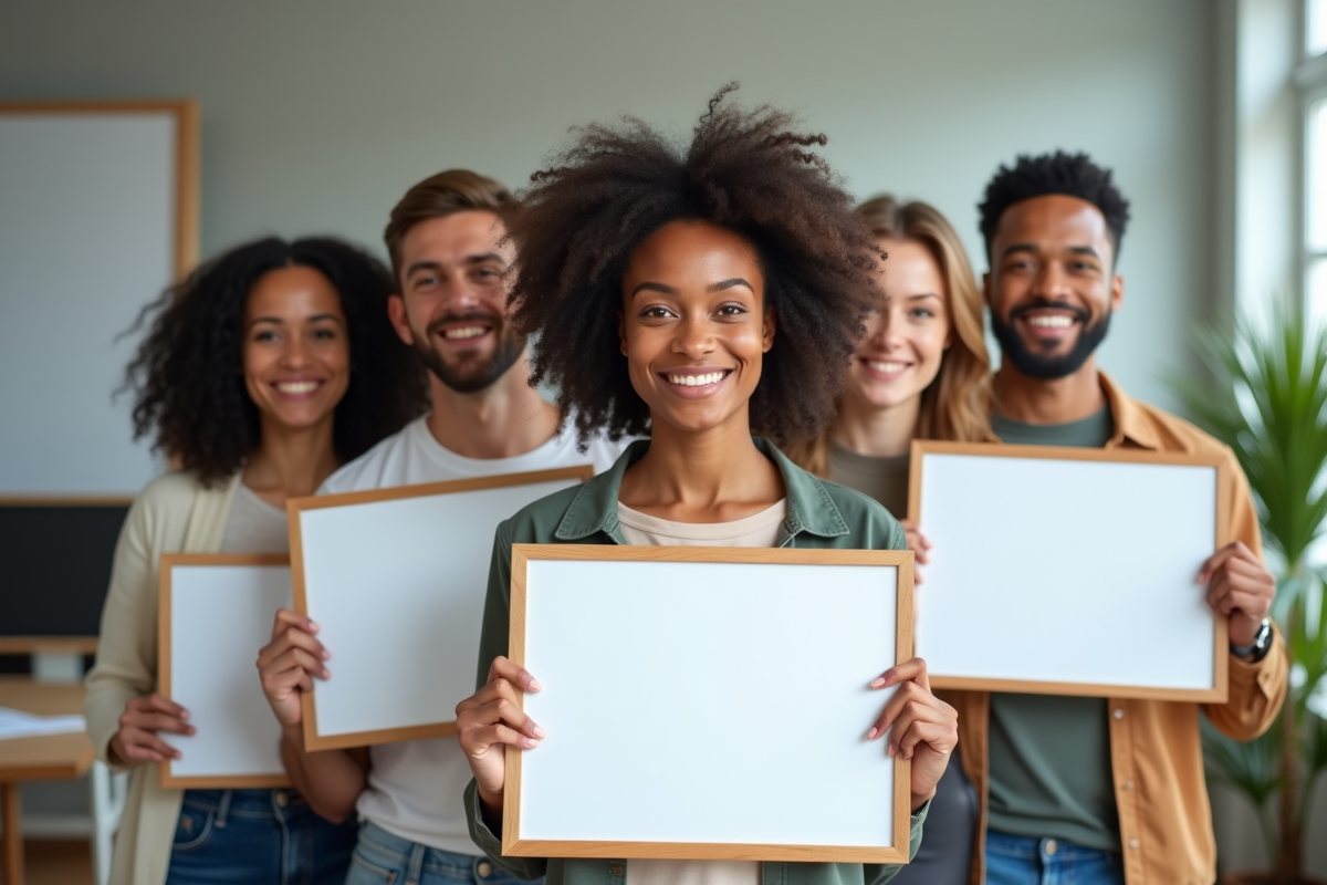Groupe de personnes fières tenant des certificats dans une salle lumineuse