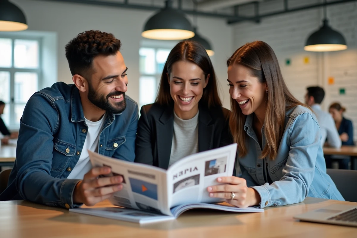 Groupe d'entrepreneurs discutant d'un magazine business dans un espace de coworking collaboratif