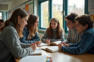 Groupe d'étudiants en discussion dans un couloir scolaire