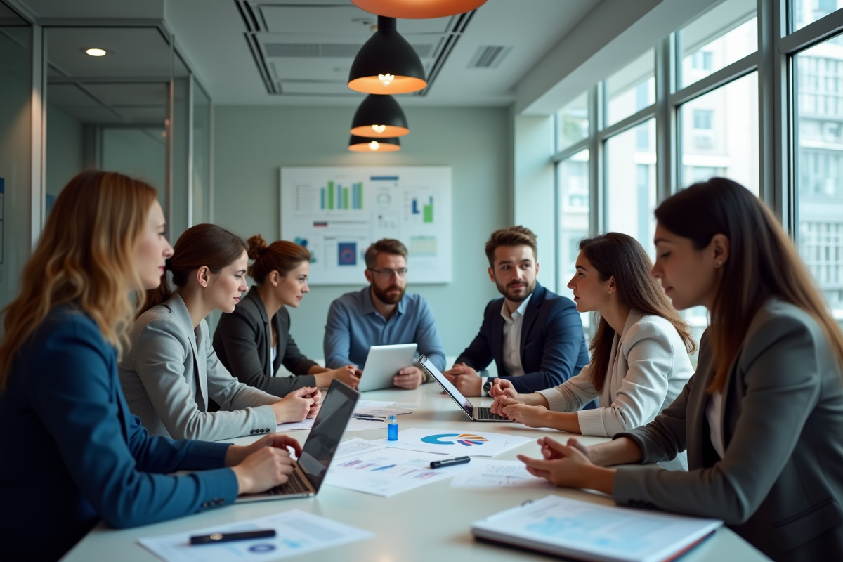 Groupe de professionnels collaborant dans un bureau lumineux