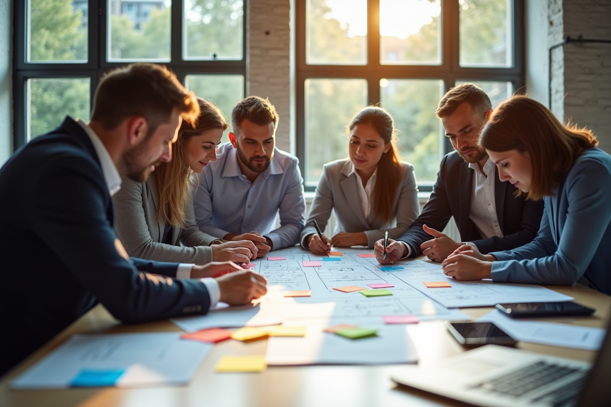 Groupe de professionnels autour d'une table en réunion