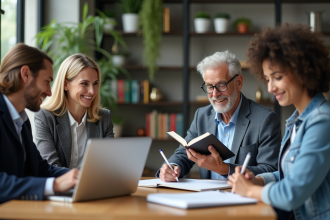 Quatre adultes divers autour d'une table moderne en bureau