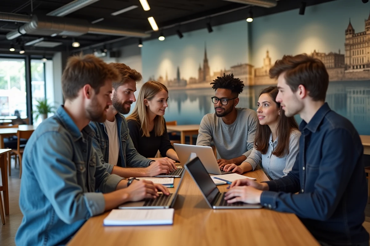 Groupe de jeunes professionnels discutant d un projet marketing à Bordeaux