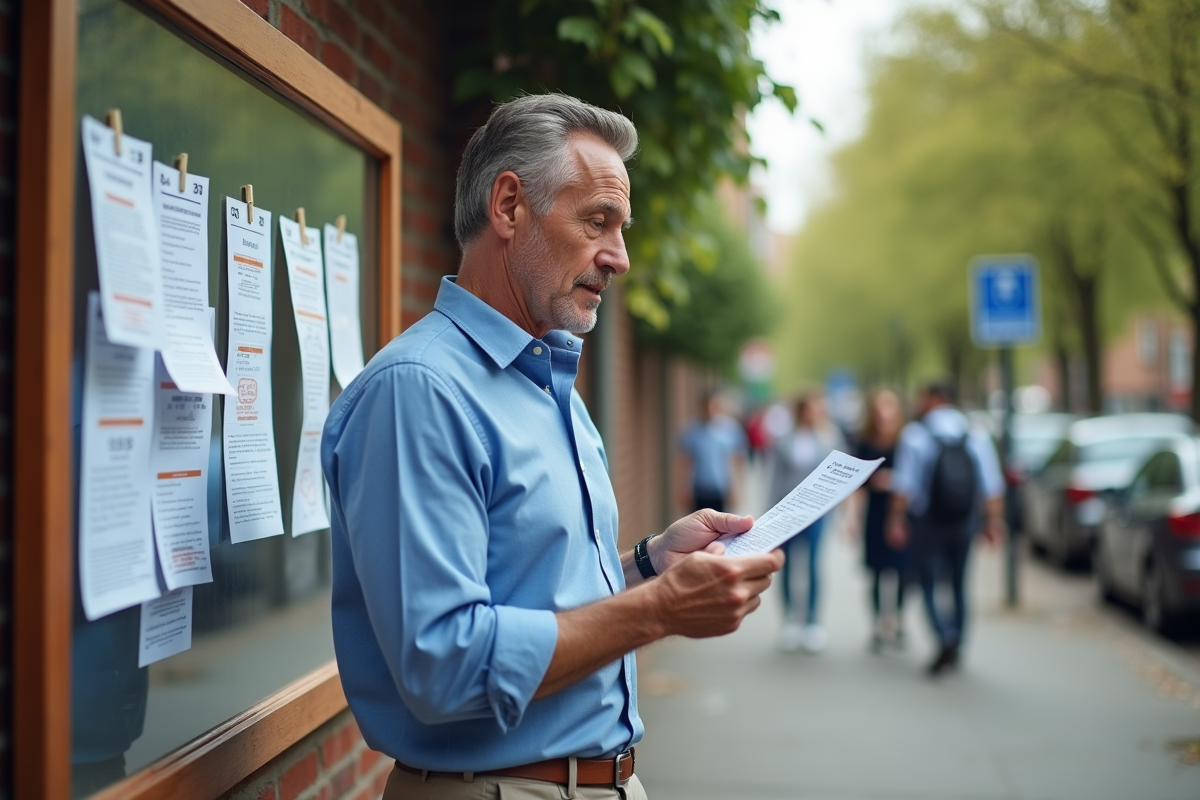 Homme lisant affiches dans centre communautaire extérieur