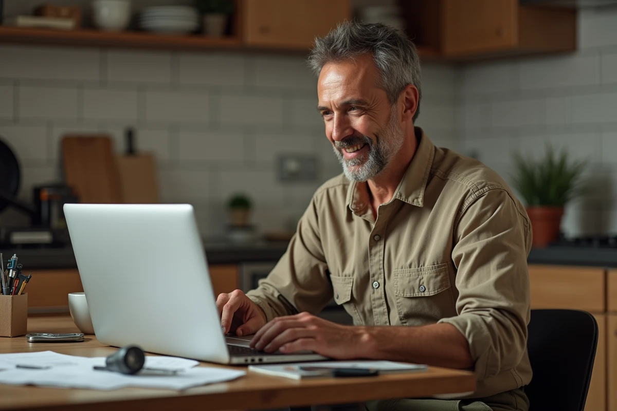 Homme adulte apprenant le bricolage en ligne sur un laptop avec des outils et pièces posés sur une table de cuisine