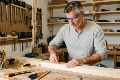 Homme bricoleur mesurant une planche en bois dans un atelier maison équipé, formation bricolage pratique
