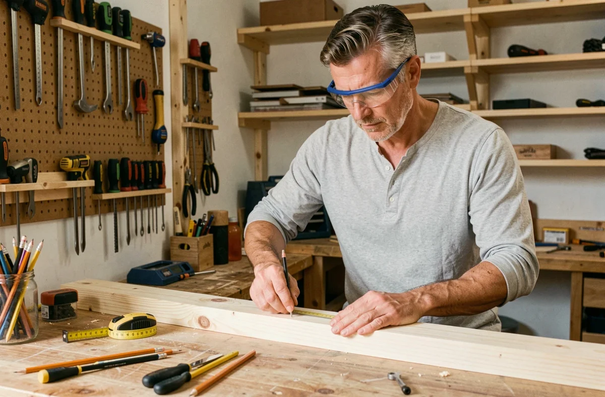 Homme bricoleur mesurant une planche en bois dans un atelier maison équipé, formation bricolage pratique
