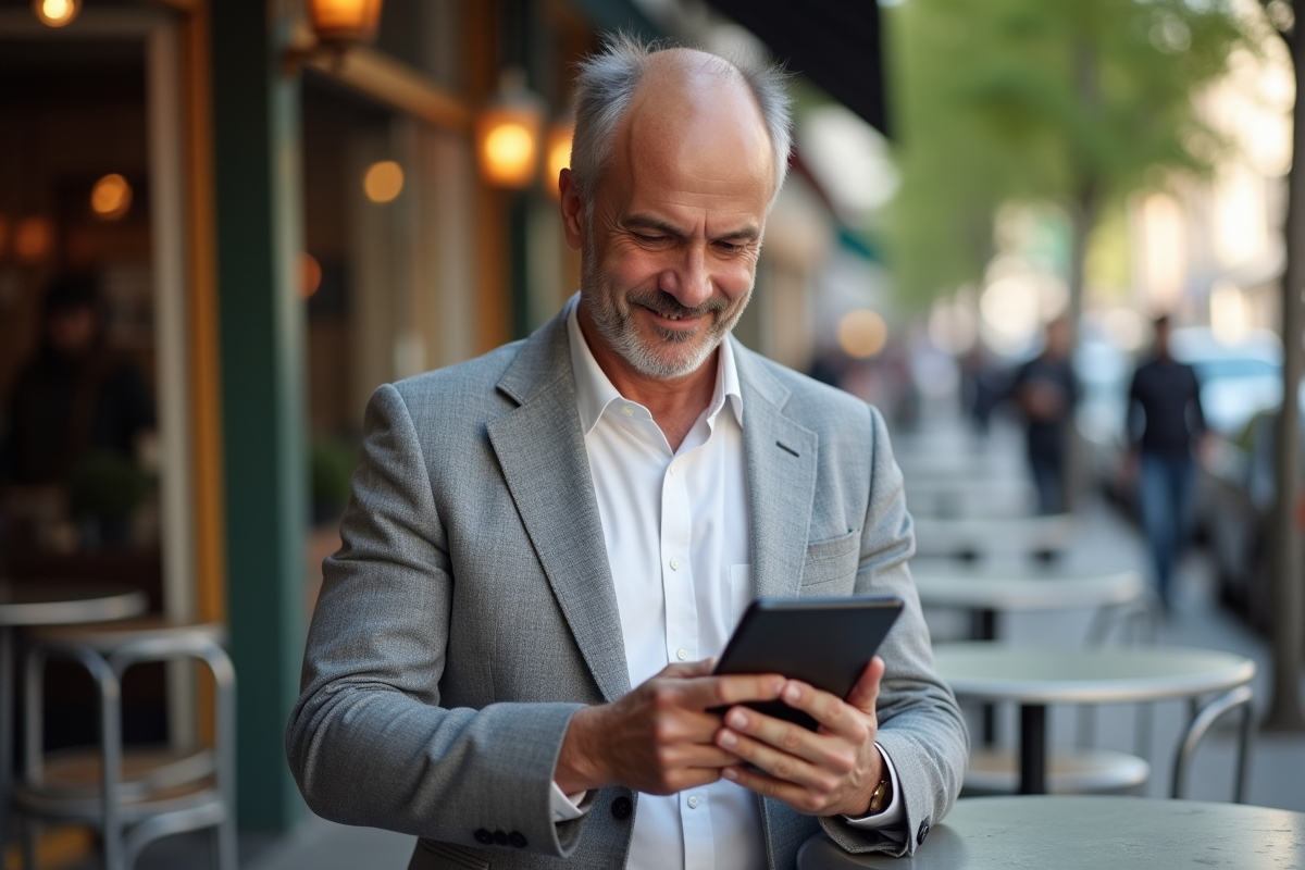 Homme en blazer pratique espagnol sur tablette en café