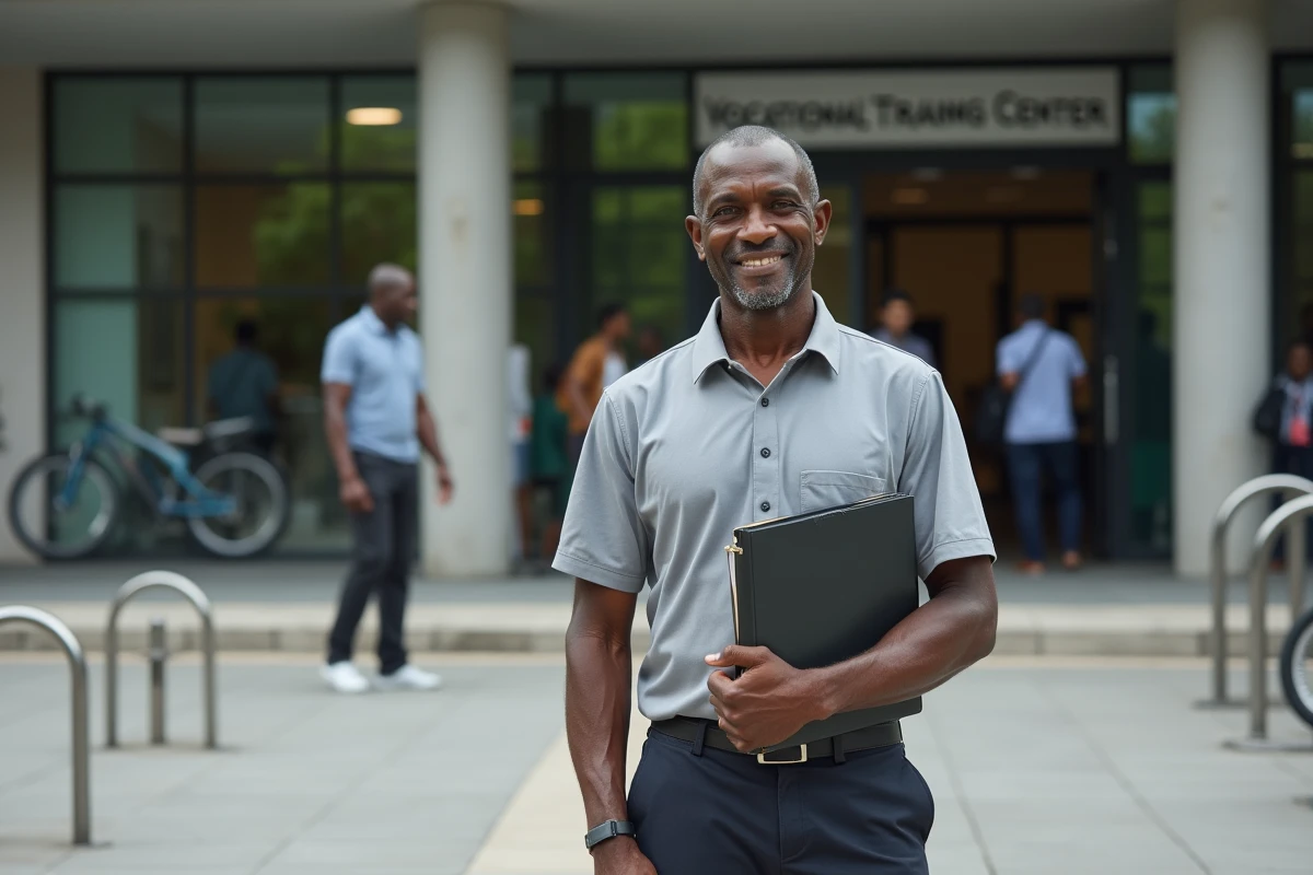 Homme debout devant un centre de formation professionnelle avec un dossier sous le bras, illustrant un parcours de reconversion réussi sans diplôme initial