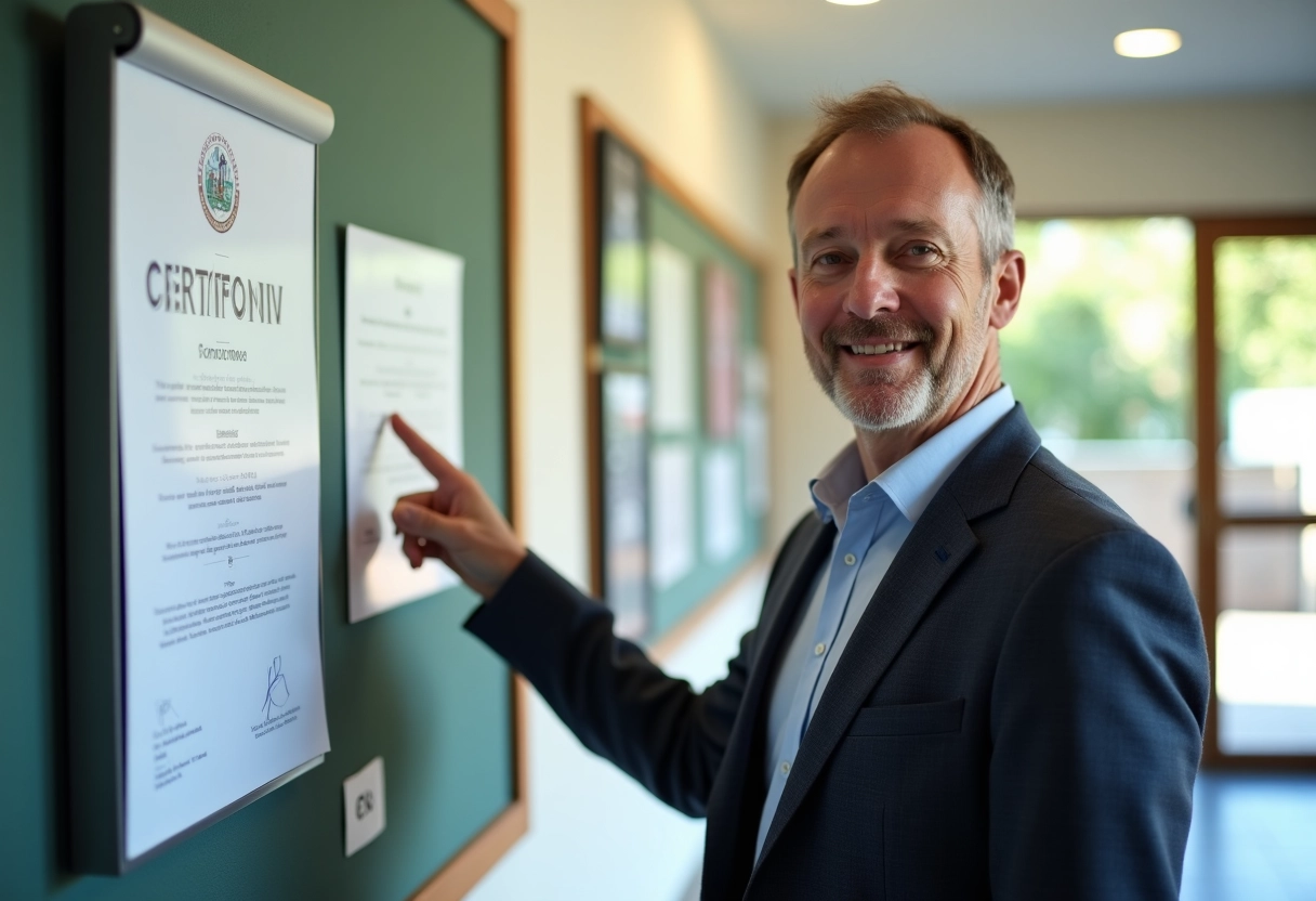 Homme pointant un document de certification