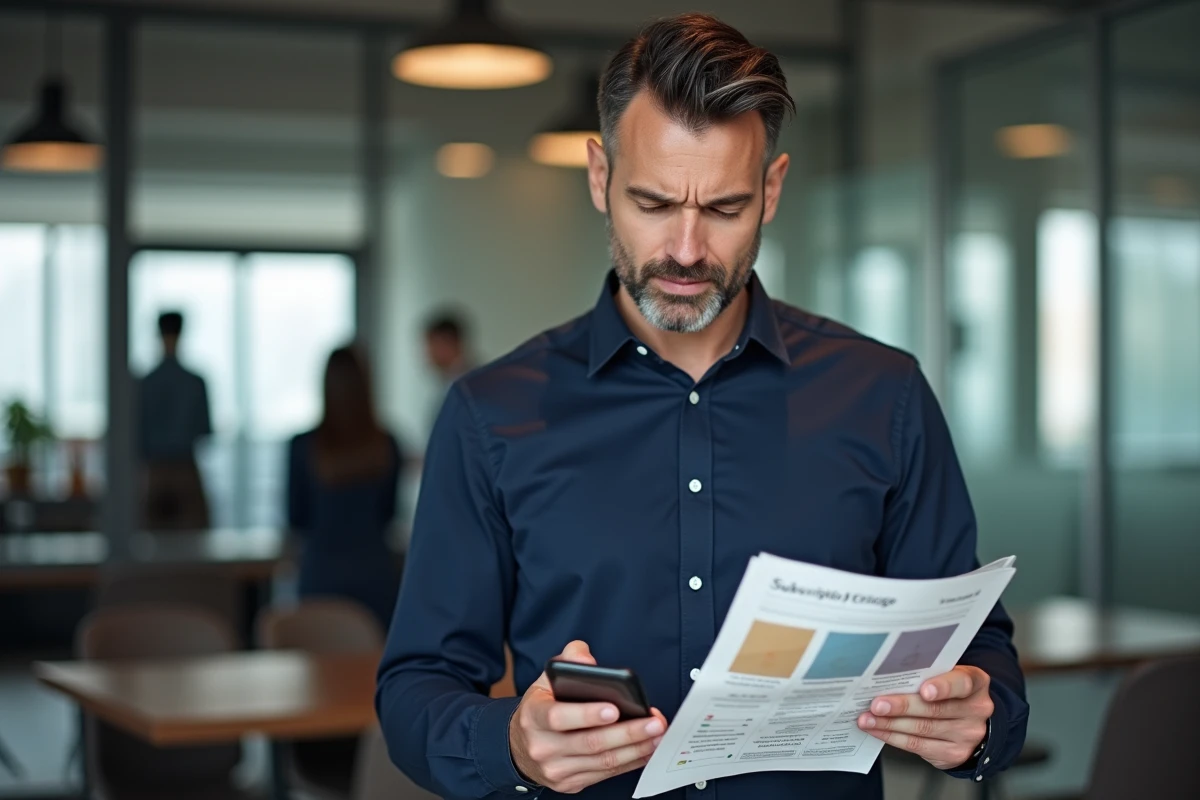 Homme en bureau comparant le prix d'un abonnement magazine sur son smartphone avec une revue professionnelle en main
