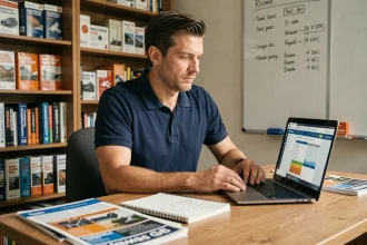 Homme comparant les tarifs de formation Ecole des Travaux sur un ordinateur portable dans un bureau à domicile