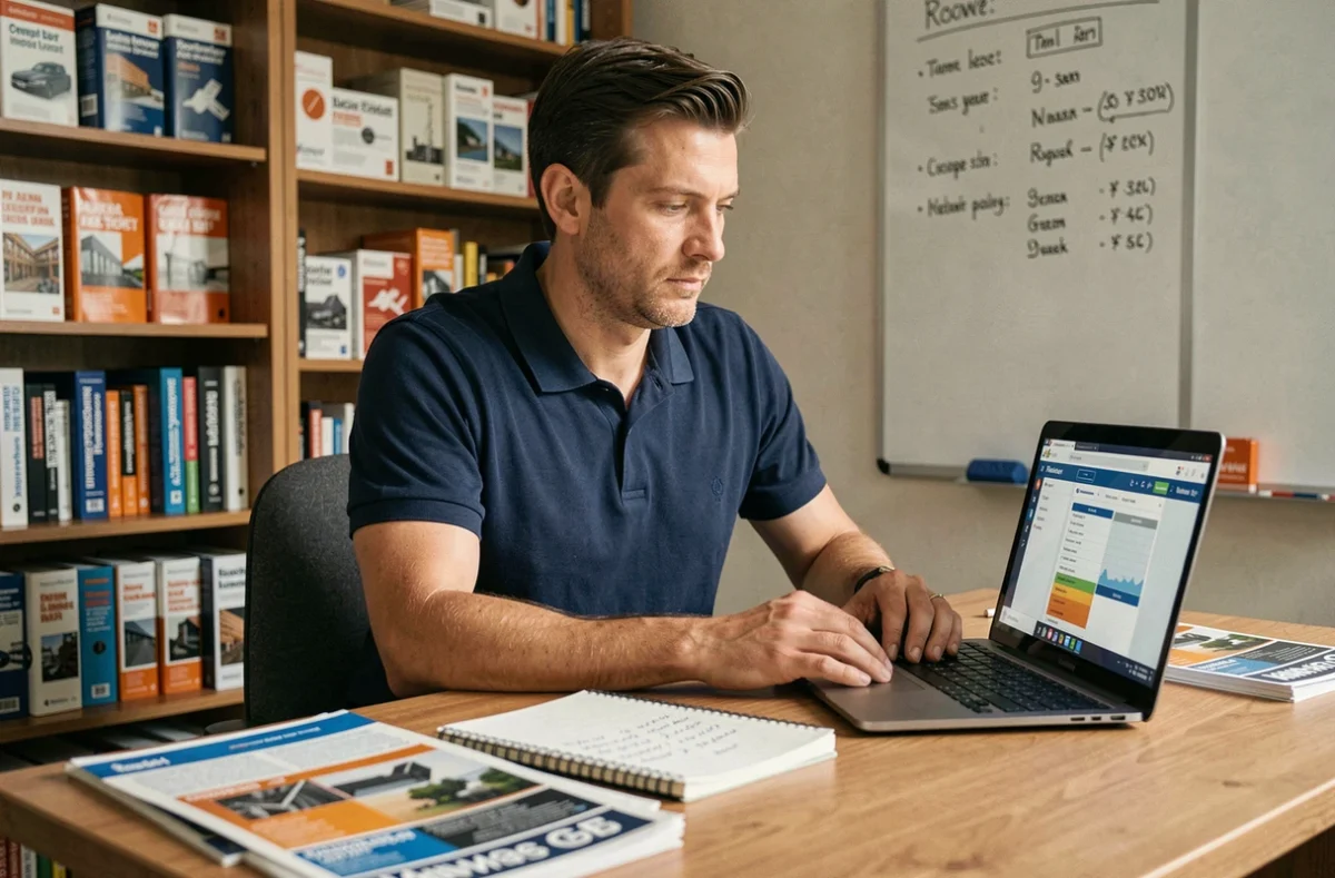 Homme comparant les tarifs de formation Ecole des Travaux sur un ordinateur portable dans un bureau à domicile