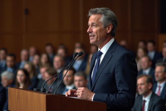 Homme en costume navy parle lors d'une conférence