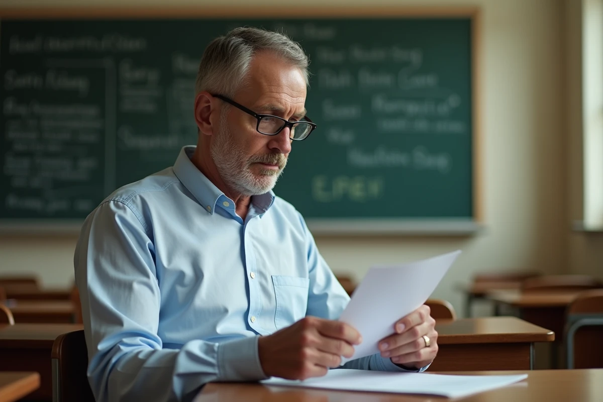 Homme relisant un examen dans une salle de classe calme
