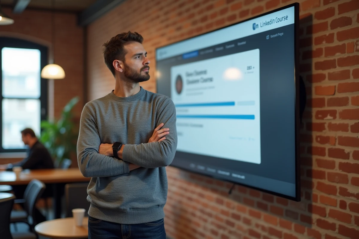 Homme debout dans un espace de coworking regardant un écran de formation LinkedIn avec des modules de cours visibles, hésitant avant de se lancer dans la formation
