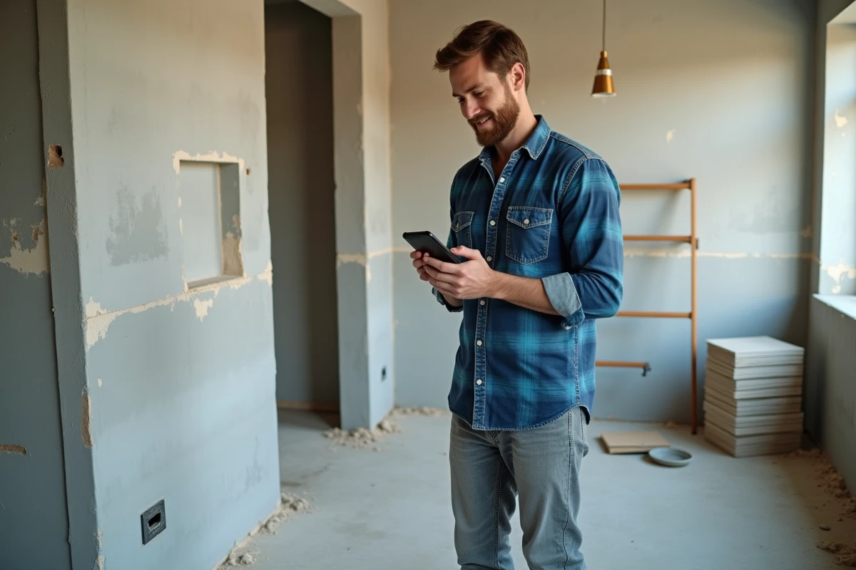 Homme consultant une plateforme de devis travaux sur smartphone dans une salle de bain en cours de rénovation