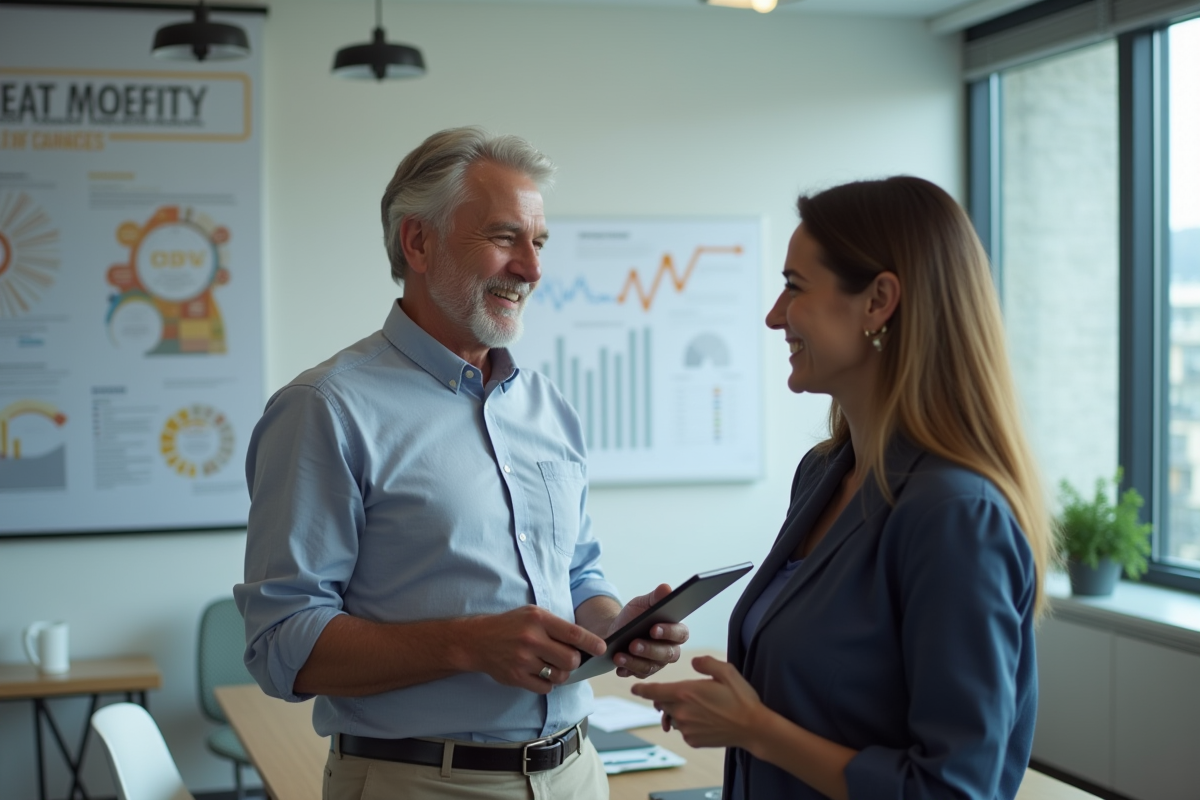 Homme souriant discutant avec une collègue dans une salle de réunion