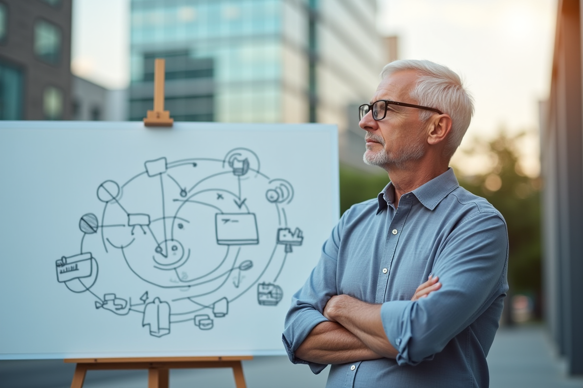 Homme âgé analysant un diagramme en extérieur en journée
