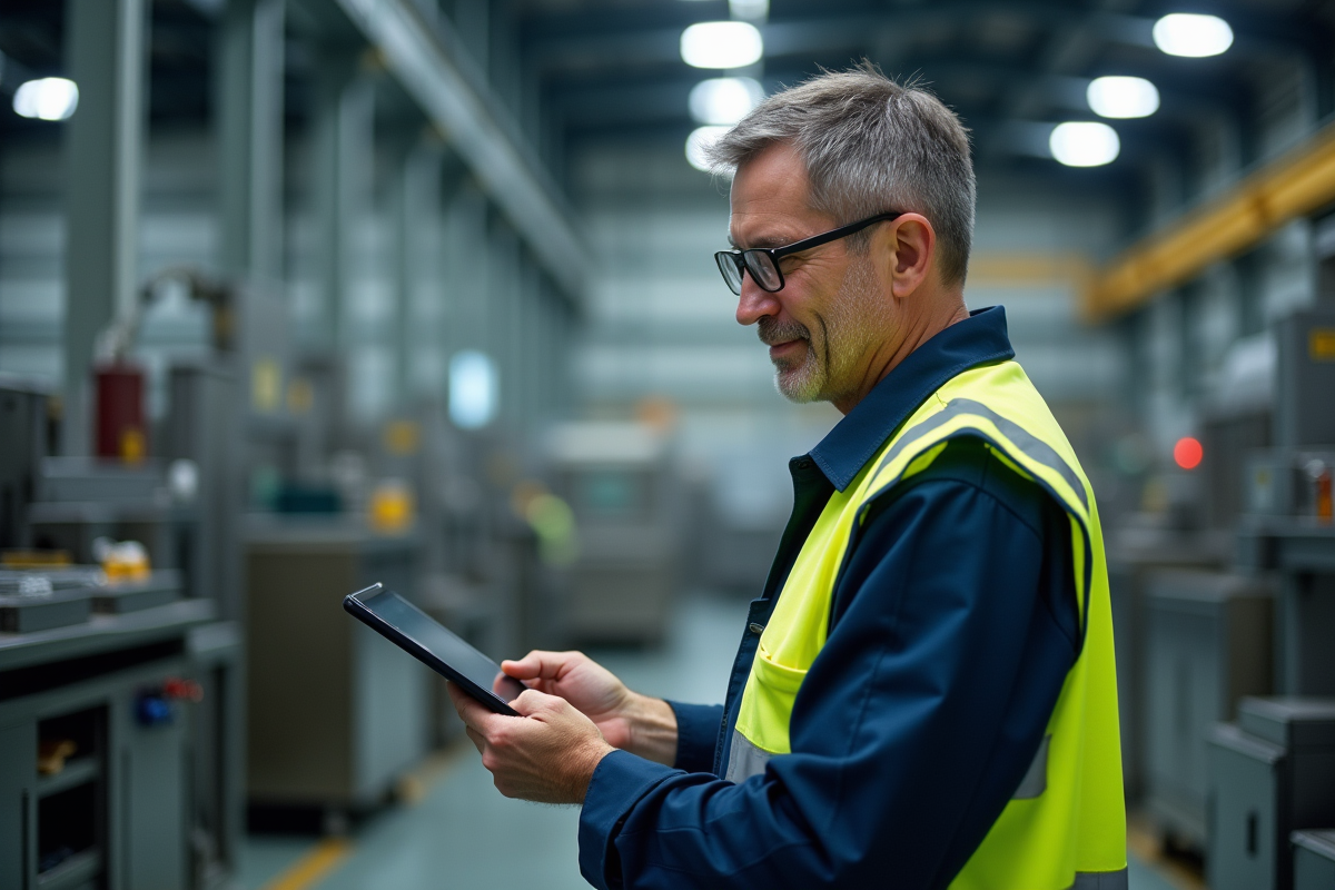 Homme inspectant un équipement industriel dans une usine